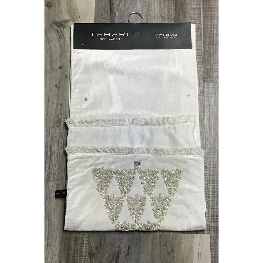 Tahari Home White Velvet Beaded Christmas Tree Table Runner 16x72 Holiday Decor